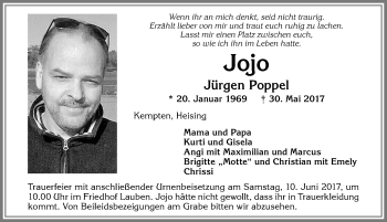 Traueranzeige von Jürgen Poppel von Allgäuer Zeitung,Kempten