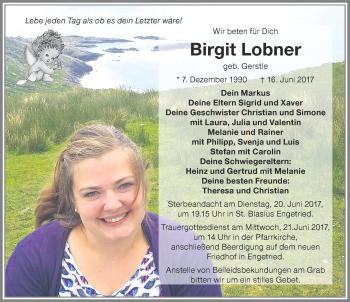 Traueranzeige von Birgit Lobner von Memminger Zeitung
