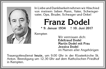 Traueranzeige von Franz Dodel von Allgäuer Zeitung,Kempten