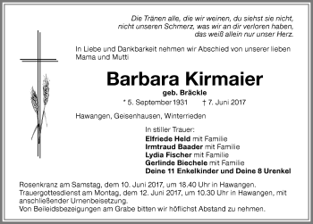 Traueranzeige von Barbara Kirmaier von Memminger Zeitung