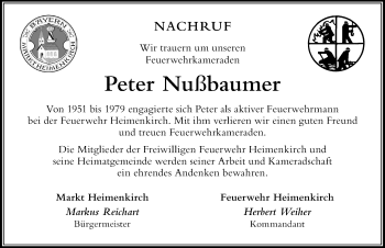 Traueranzeige von Peter Nußbaumer von Der Westallgäuer