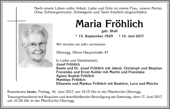 Traueranzeige von Maria Fröhlich von Allgäuer Zeitung