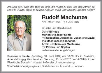 Traueranzeige von Rudolf Machunze von Memminger Zeitung