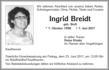 Traueranzeige von Ingrid Breidt von Allgäuer Zeitung, Kaufbeuren/Buchloe