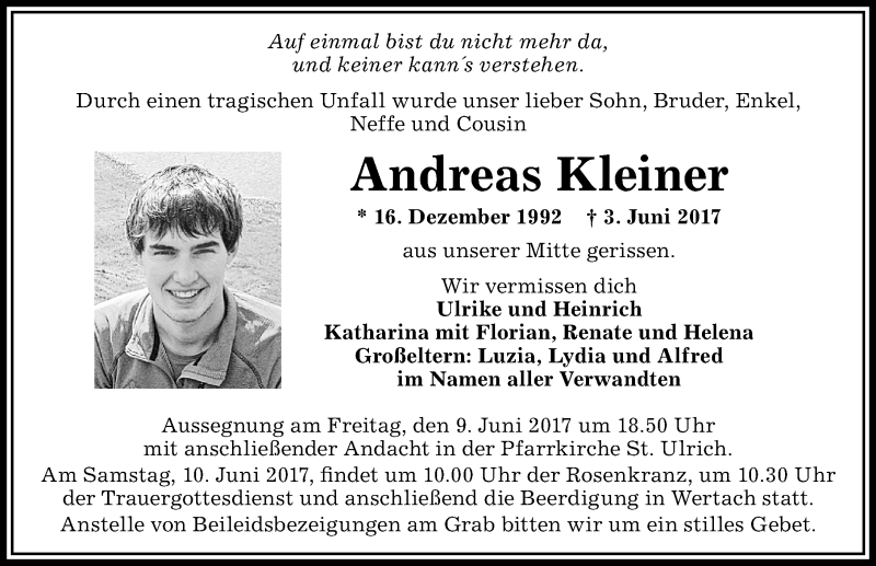  Traueranzeige für Andreas Kleiner vom 08.06.2017 aus Allgäuer Anzeigeblatt
