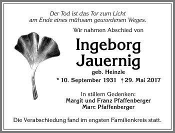 Traueranzeige von Ingeborg Jauernig von Allgäuer Zeitung,Kempten