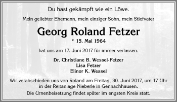 Traueranzeige von Georg Roland Fetzer von Allgäuer Zeitung, Kaufbeuren/Buchloe