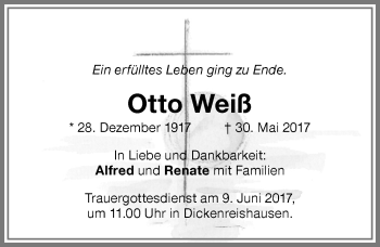 Traueranzeige von Otto Weiß von Memminger Zeitung