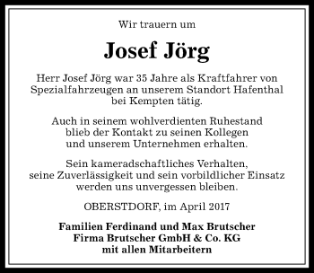 Traueranzeige von Josef Jörg von Allgäuer Zeitung,Kempten