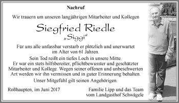 Traueranzeige von Siegfried Riedle von Allgäuer Zeitung, Füssen