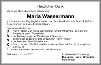 Traueranzeige von Maria Wassermann von Memminger Zeitung