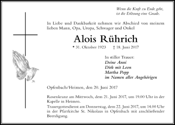 Traueranzeige von Alois Rührich von Der Westallgäuer