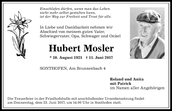 Traueranzeige von Hubert Mosler von Allgäuer Anzeigeblatt