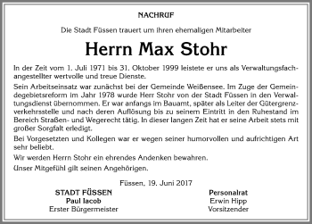 Traueranzeige von Max Stohr von Allgäuer Zeitung, Füssen