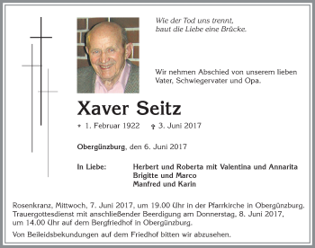 Traueranzeige von Xaver Seitz von Allgäuer Zeitung, Marktoberdorf