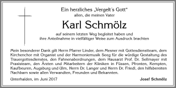 Traueranzeige von Karl Schmölz von Allgäuer Zeitung, Füssen