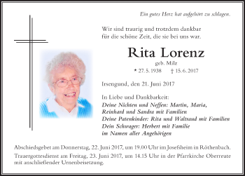 Traueranzeige von Rita Lorenz von Der Westallgäuer