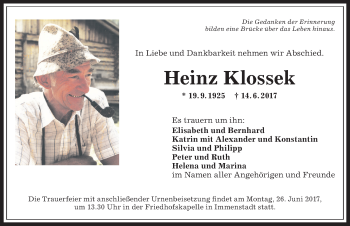 Traueranzeige von Heinz Klossek von Allgäuer Anzeigeblatt
