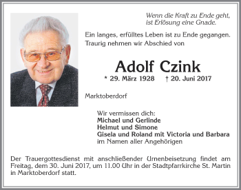 Traueranzeige von Adolf Czink von Allgäuer Zeitung, Marktoberdorf