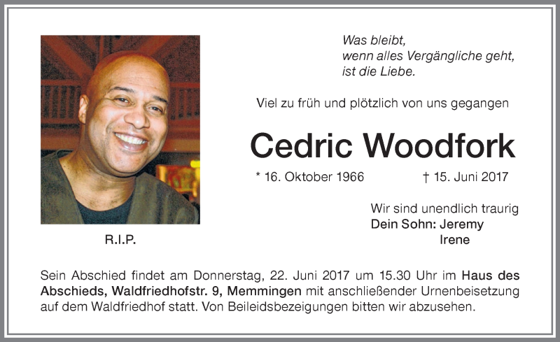  Traueranzeige für Cedric Woodfork vom 20.06.2017 aus Memminger Zeitung