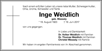 Traueranzeige von Inge Weidlich von Memminger Zeitung