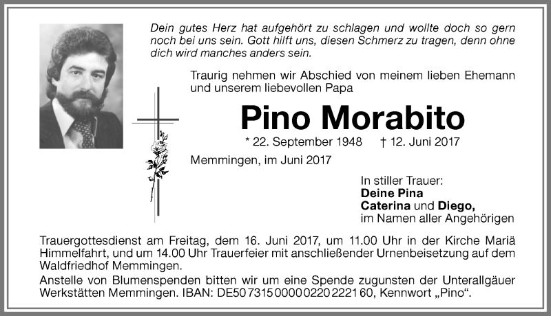  Traueranzeige für Pino Morabito vom 14.06.2017 aus Memminger Zeitung