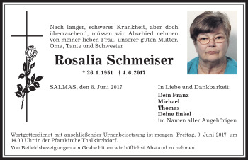 Traueranzeige von Rosalia Schmeiser von Allgäuer Anzeigeblatt
