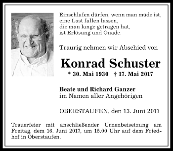 Traueranzeige von Konrad Schuster von Allgäuer Anzeigeblatt