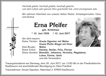 Traueranzeige von Erna Pfeifer von Allgäuer Zeitung, Kaufbeuren/Buchloe