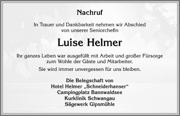 Traueranzeige von Luise Helmer von Allgäuer Zeitung, Füssen