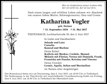 Traueranzeige von Katharina Vogler von Allgäuer Anzeigeblatt