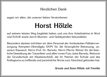 Traueranzeige von Horst Hölzle von Allgäuer Zeitung,Kempten