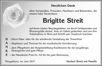 Traueranzeige von Brigitte Streit von Allgäuer Zeitung, Kaufbeuren/Buchloe
