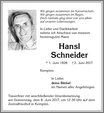 Traueranzeige von Hansl Schneider von Allgäuer Zeitung,Kempten