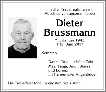 Traueranzeige von Dieter Brussmann von Allgäuer Zeitung,Kempten