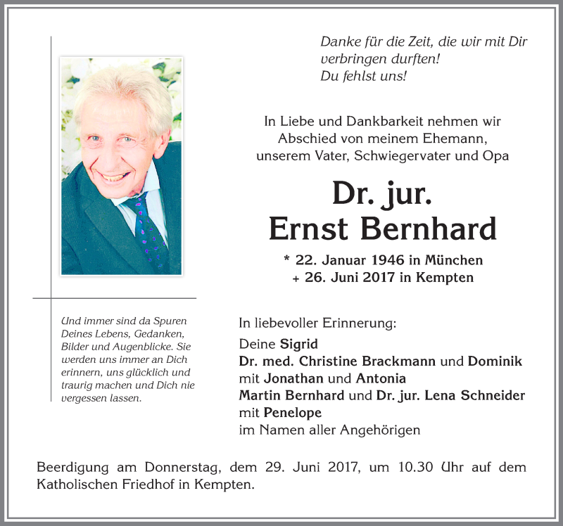  Traueranzeige für Ernst Bernhard vom 28.06.2017 aus Allgäuer Zeitung,Kempten