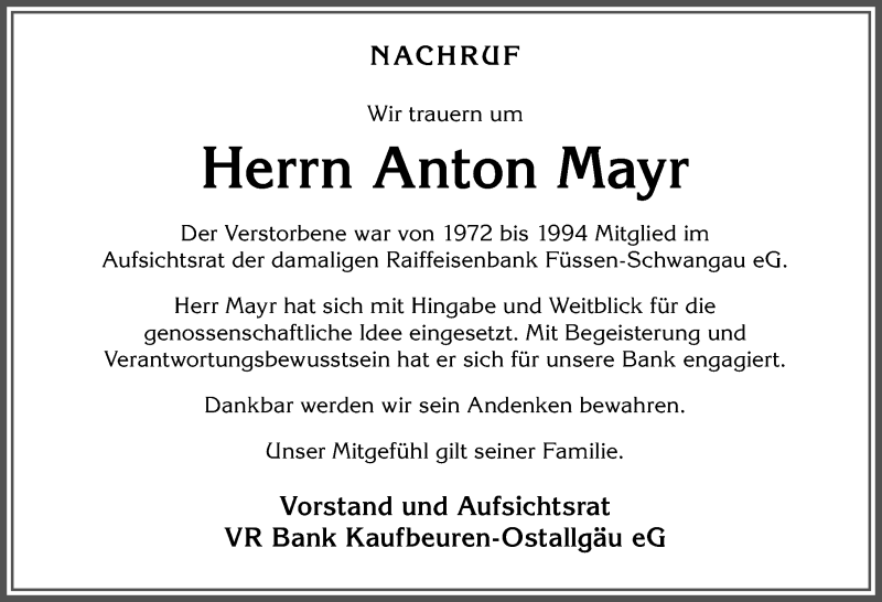  Traueranzeige für Anton Mayr vom 02.06.2017 aus Allgäuer Zeitung, Füssen