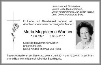 Traueranzeige von Maria Magdalena Wanner von Memminger Zeitung