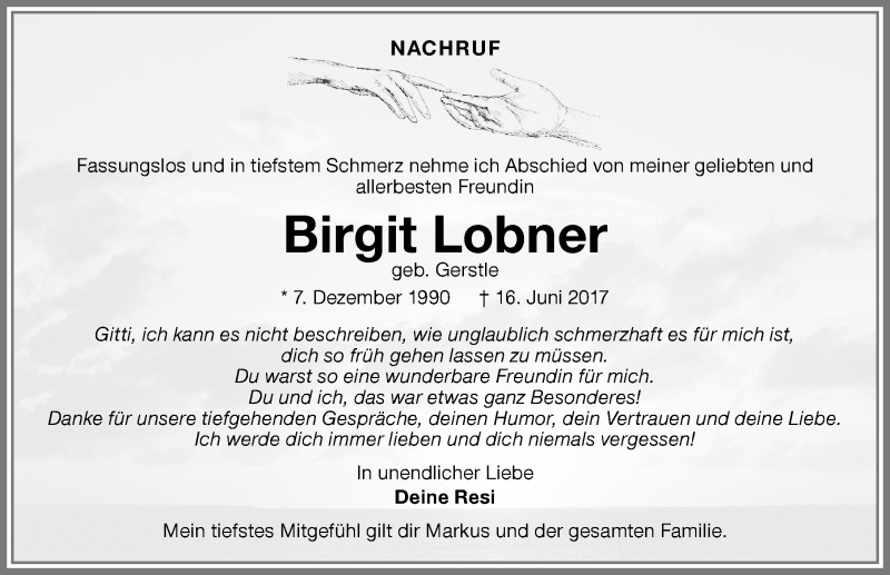  Traueranzeige für Birgit Lobner vom 24.06.2017 aus Memminger Zeitung