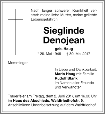 Traueranzeige von Sieglinde Denojean von Memminger Zeitung