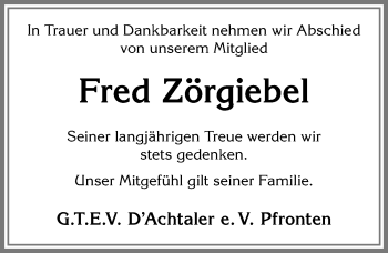 Traueranzeige von Fred Zörgiebel von Allgäuer Zeitung, Füssen