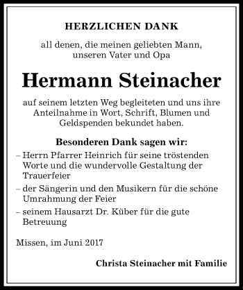 Traueranzeige von Hermann Steinacher von Allgäuer Anzeigeblatt