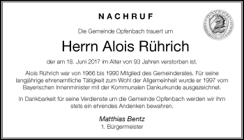 Traueranzeige von Alois Rührich von Der Westallgäuer