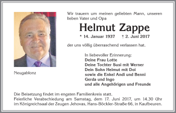 Traueranzeige von Helmut Zappe von Allgäuer Zeitung, Kaufbeuren/Buchloe