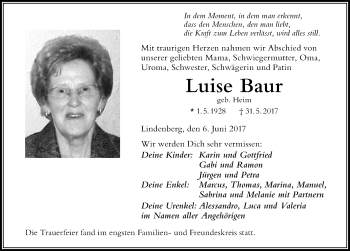 Traueranzeige von Luise Baur von Der Westallgäuer