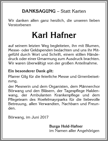 Traueranzeige von Karl Hafner von Allgäuer Zeitung,Kempten