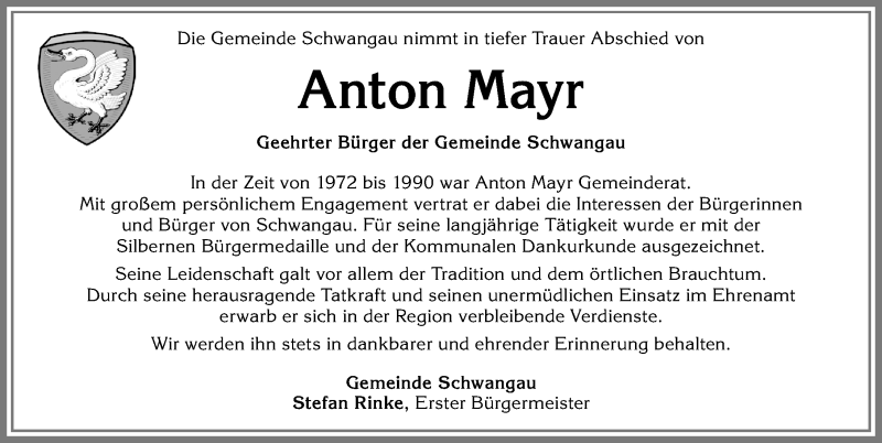  Traueranzeige für Anton Mayr vom 02.06.2017 aus Allgäuer Zeitung, Füssen