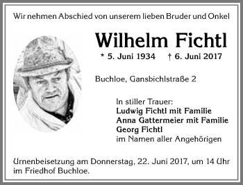 Traueranzeige von Wilhelm Fichtl von Allgäuer Zeitung, Kaufbeuren/Buchloe