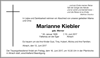 Traueranzeige von Marianne Kiebler von Memminger Zeitung