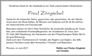 Traueranzeige von Fred Zörgiebel von Allgäuer Zeitung, Füssen